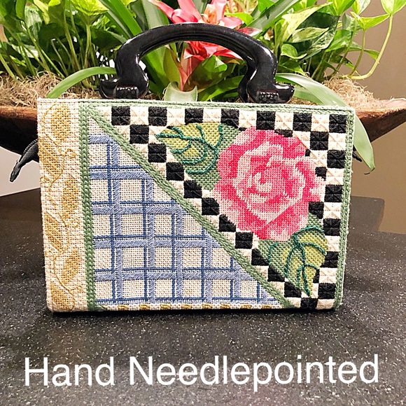 Modern Floral & Geometric Needlepointed Tote, Suede Lining, Leather Gussets - Picture 1 of 7